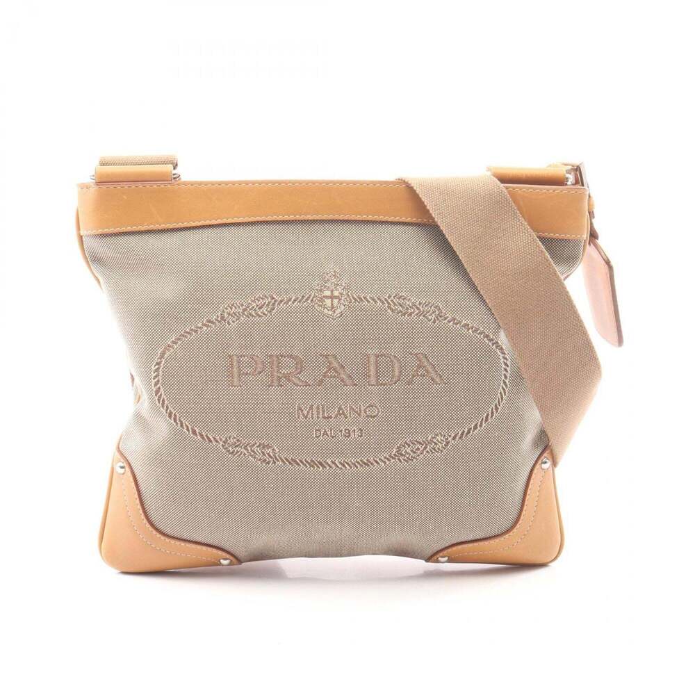 Prada LOGO JACQUARD Shoulder Bag/Handbag, Canvas and Leather, Women's, Beige/...